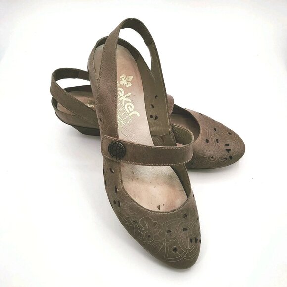 Rieker Tan Leather Perforated Mary Jane Wedge Shoes Size EU40 - US9 - Picture 1 of 11